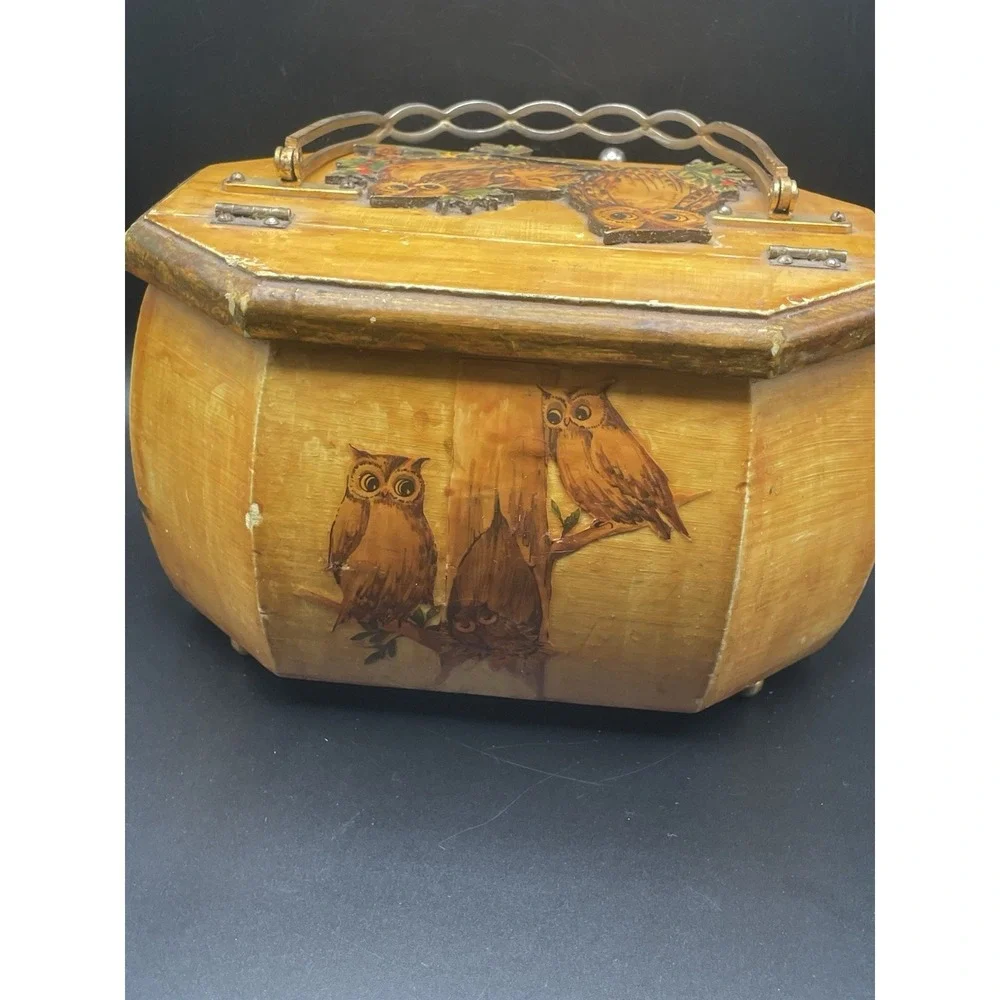 Rare Vintage 1960s-1970s Owl Wood Decoupage Purse